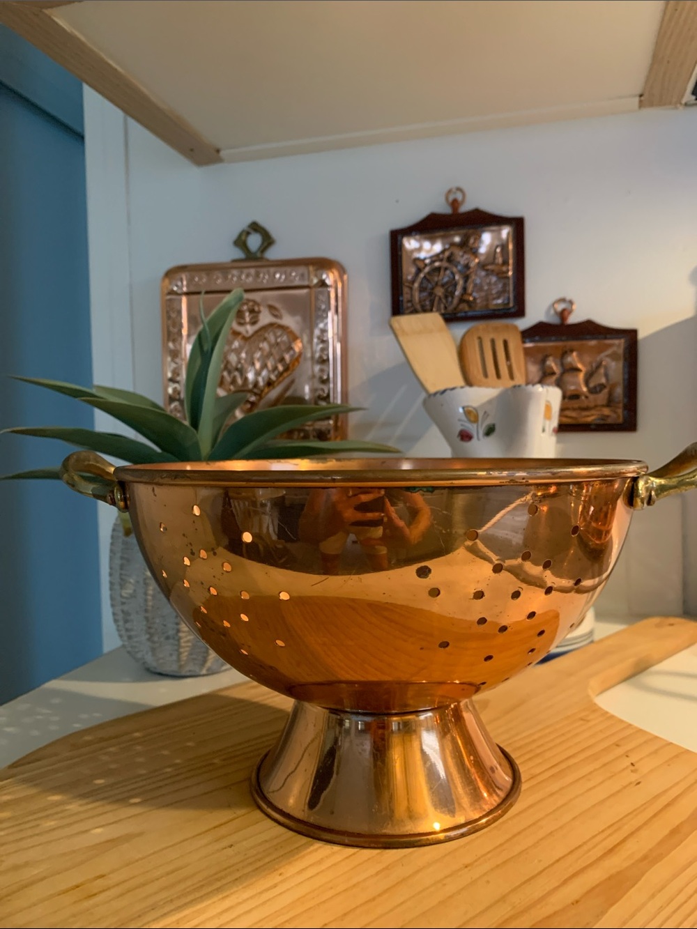 Vintage 9” Copper Colander, Brass Handles 6” High ,